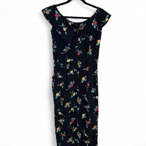 Vintage 90s Maggy London Dark Floral Midi Dress With Pockets